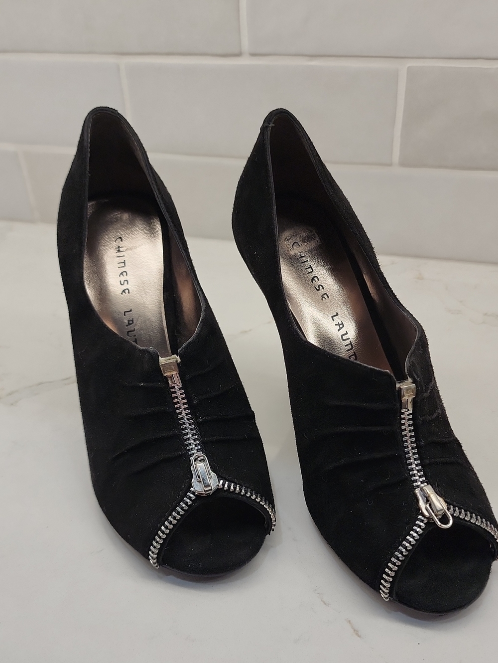 Chinese Laundry Black Suede Peep-Toe Heel with Front Zipper